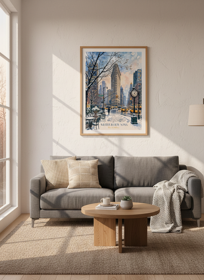 Flatiron Building NYC Watercolor | Winter New York City Wall Art, Manhattan Poster
