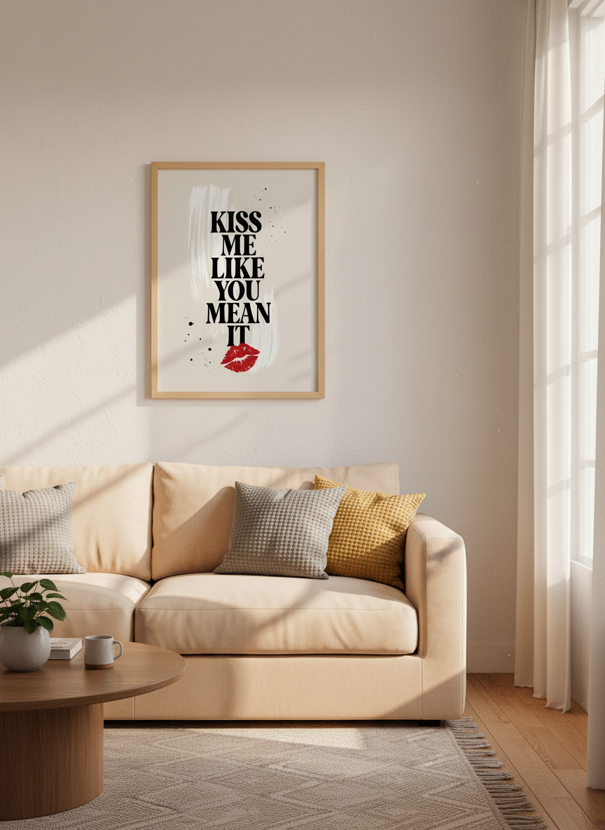 Kiss Me Like You Mean It Poster | Red Lips Typography Wall Art | Modern Bedroom Decor
