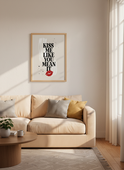 Kiss Me Like You Mean It Poster | Red Lips Typography Wall Art | Modern Bedroom Decor