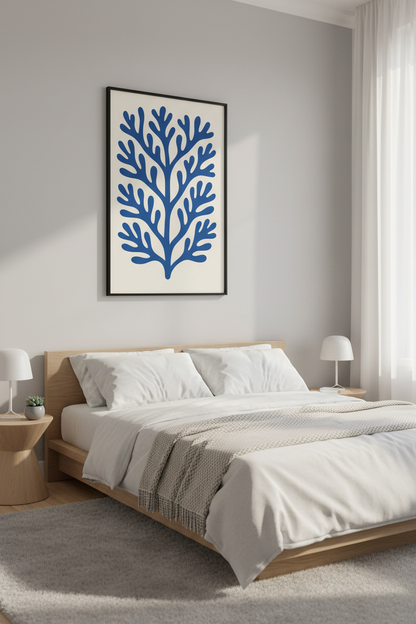 Abstract Ocean Coral Framed Wall Art | Coastal Living Room Decor | Mid Century Blue Aesthetic Poster | Ready to Hang Print