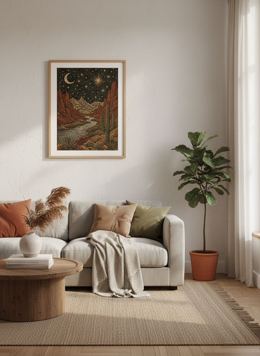 Desert Night Canvas | Celestial Saguaro Linocut Print, Boho Southwestern Wall Decor