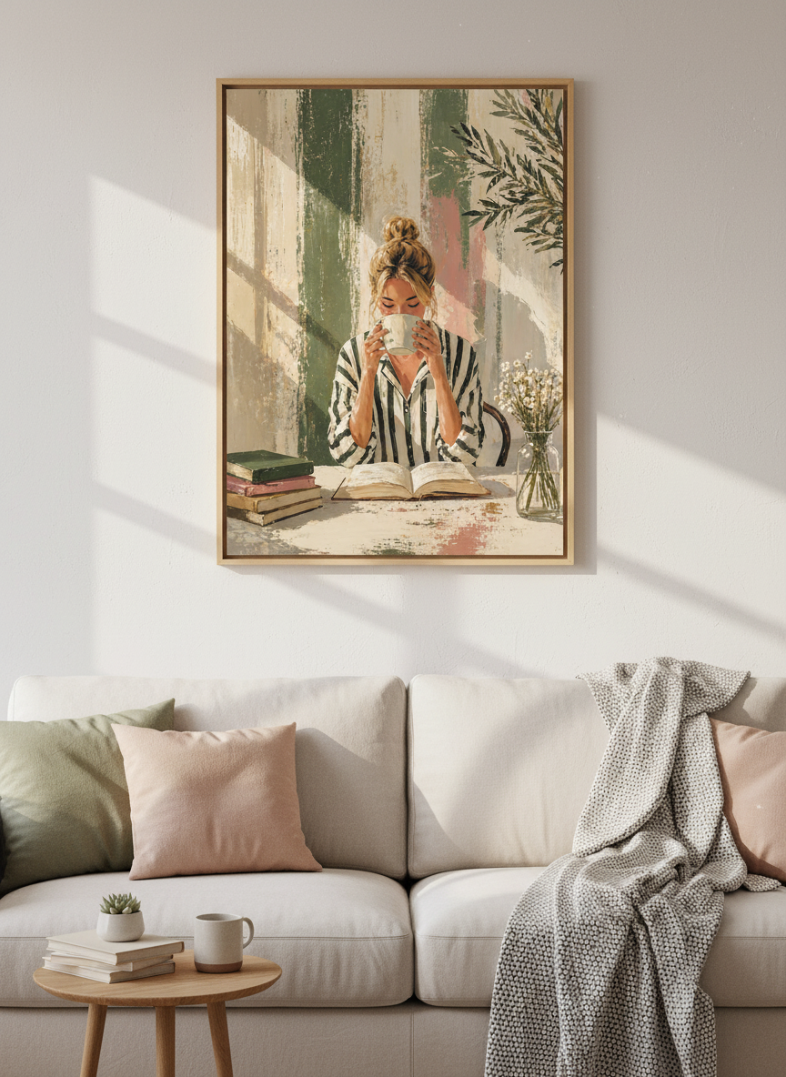 Woman Reading &amp; Coffee Art | Earthy Green Pink Canvas Print, Cozy Bedroom Decor