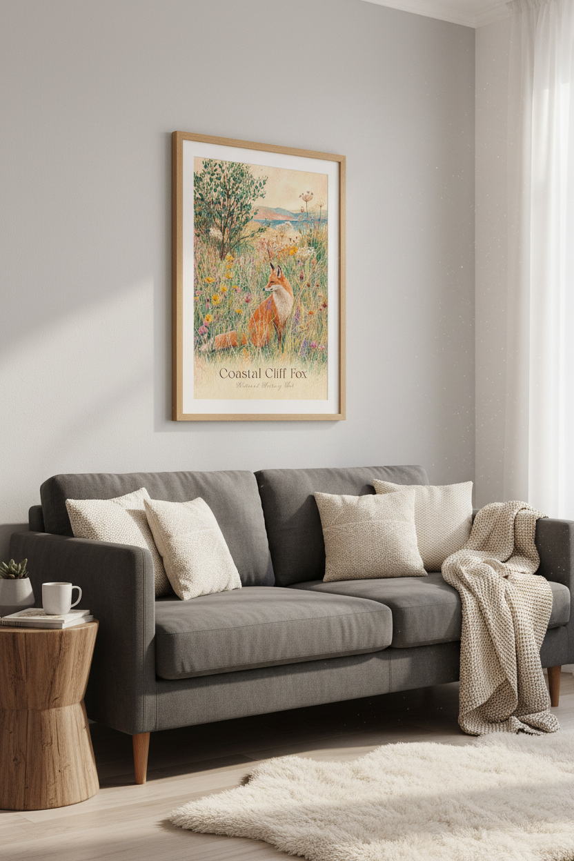 Coastal Cliff Fox Wall Art Print | Nature Nursery Decor | Vintage Botanical Poster