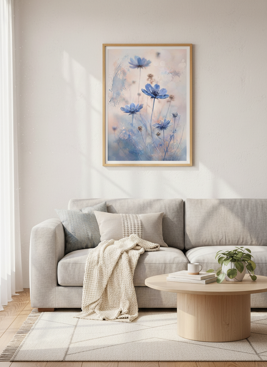 Blue Cosmos Flowers Wall Art | Boho Floral Print | Abstract Botanical Decor