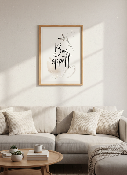 Bon Appetit Print | Kitchen Wall Decor, Dining Calligraphy Art, Neutral Foodie Gift