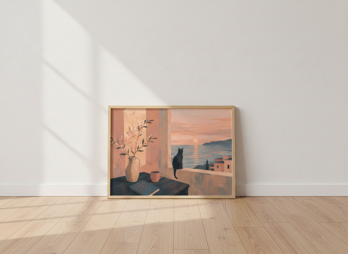 Minimalist Sunset Ocean Cat Wall Art Print | Cozy Living Room Decor | Aesthetic Balcony View Poster Black Cat Lover Gift