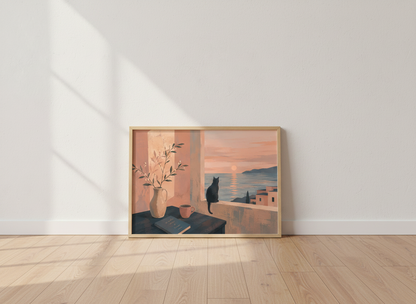 Minimalist Sunset Ocean Cat Wall Art Print | Cozy Living Room Decor | Aesthetic Balcony View Poster Black Cat Lover Gift