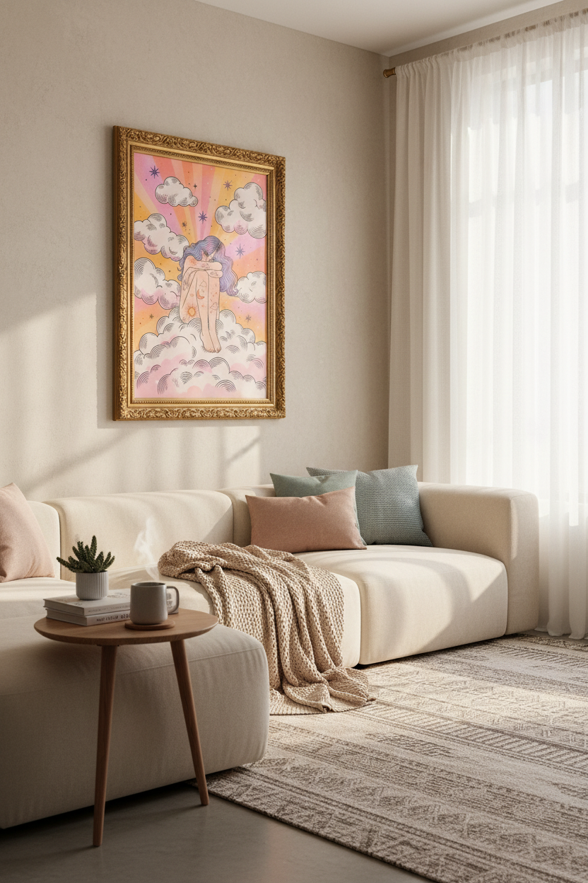 celestial wall art | Pastel Retro Sun-Moon Bedroom Decor