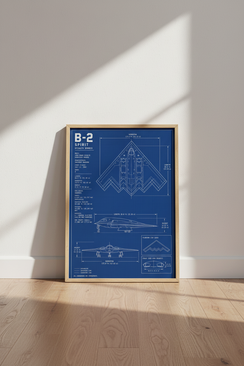 Blueprint B-2 Spirit Stealth Bomber Wall Art Print | Man Cave Decor | Aviation Military Poster for Dad