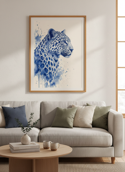 Blue Leopard Watercolor Wall Art | Indigo Animal Poster, Modern Safari Decor