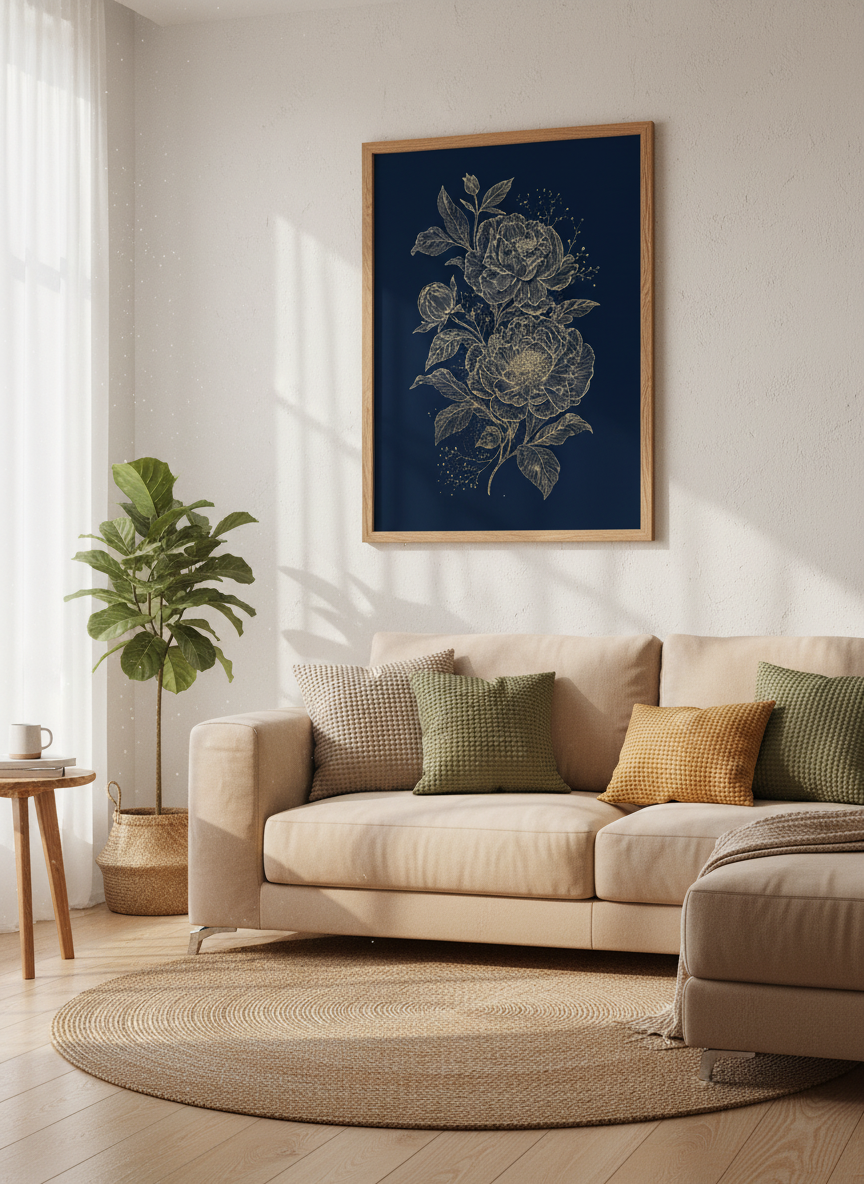 Gold Peony Navy Blue Floral Wall Art | Bedroom Decor | Botanical Poster