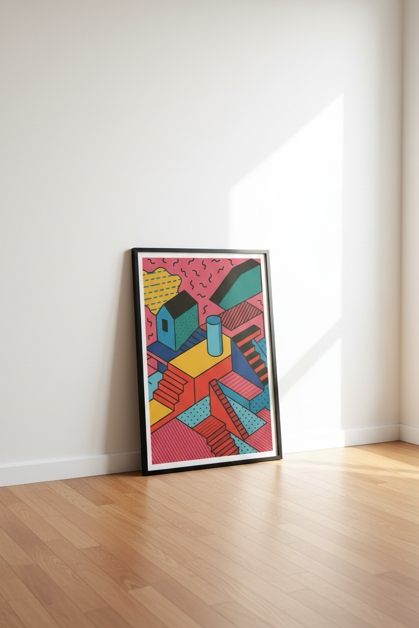 Abstract Geometric Wall Art Print | Memphis Style Home Decor | Colorful Isometric Poster | Retro Design Bedroom Living Room