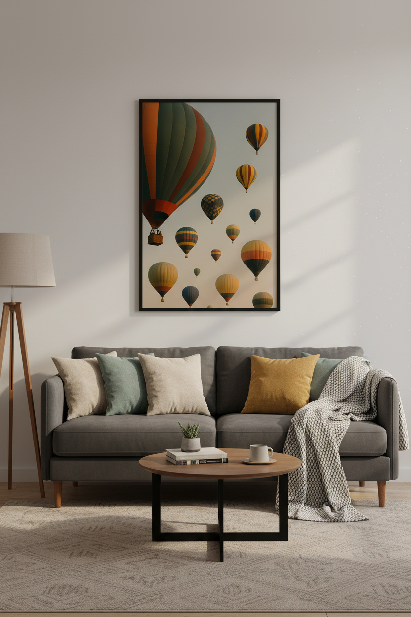 Minimalist Hot Air Balloon Wall Art Print | Dreamy Sky Travel Poster