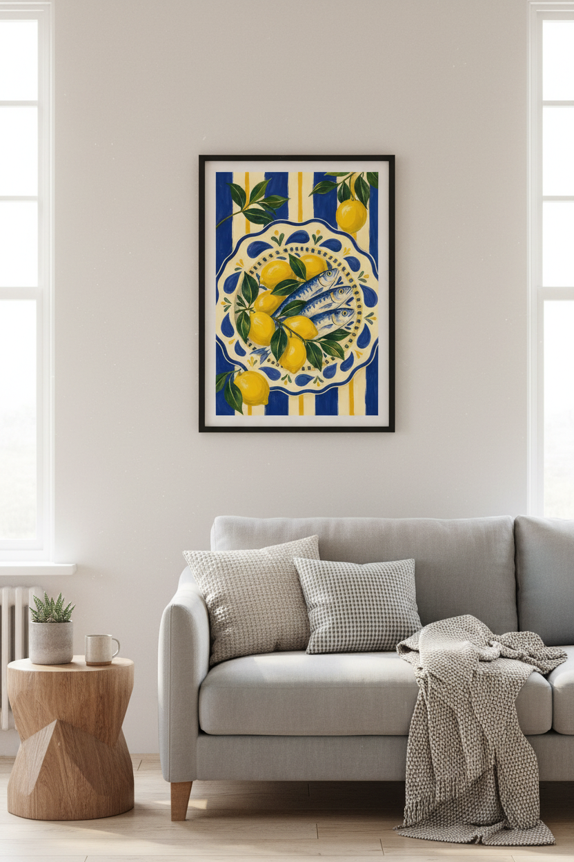 lemon wall art print | Mediterranean blue-yellow kitchen decor
