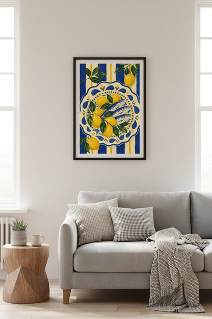 lemon wall art print | Mediterranean blue-yellow kitchen decor