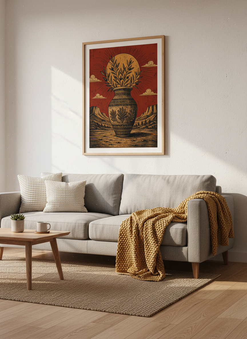 Rustic Olive Branch Vase Wall Art | Desert Sun Decor | Mediterranean Woodcut Poster