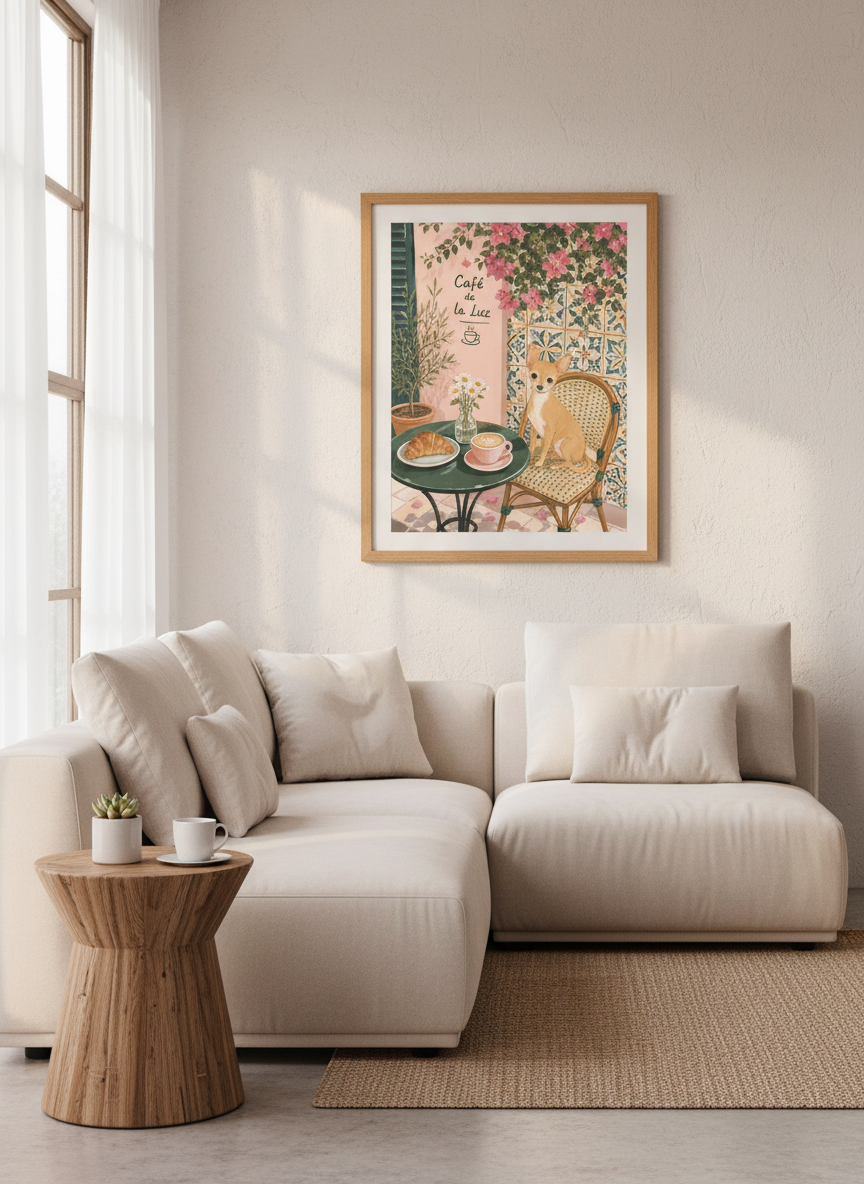 Chihuahua Coffee Shop Wall Art | Pink Mediterranean Cafe, Kitchen Decor Poster