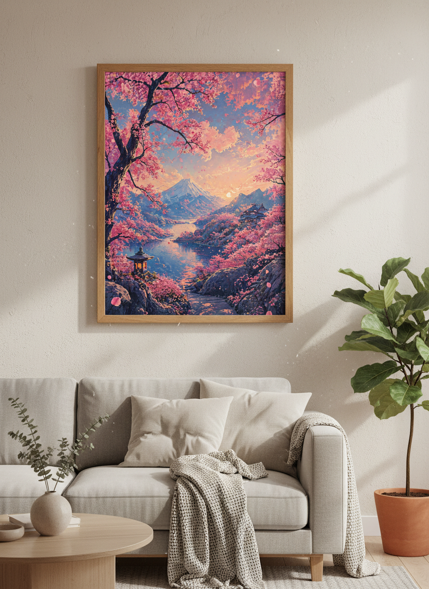 Japanese Cherry Blossom Mount Fuji Wall Art Print | Bedroom Decor | Pastel Zen Poster