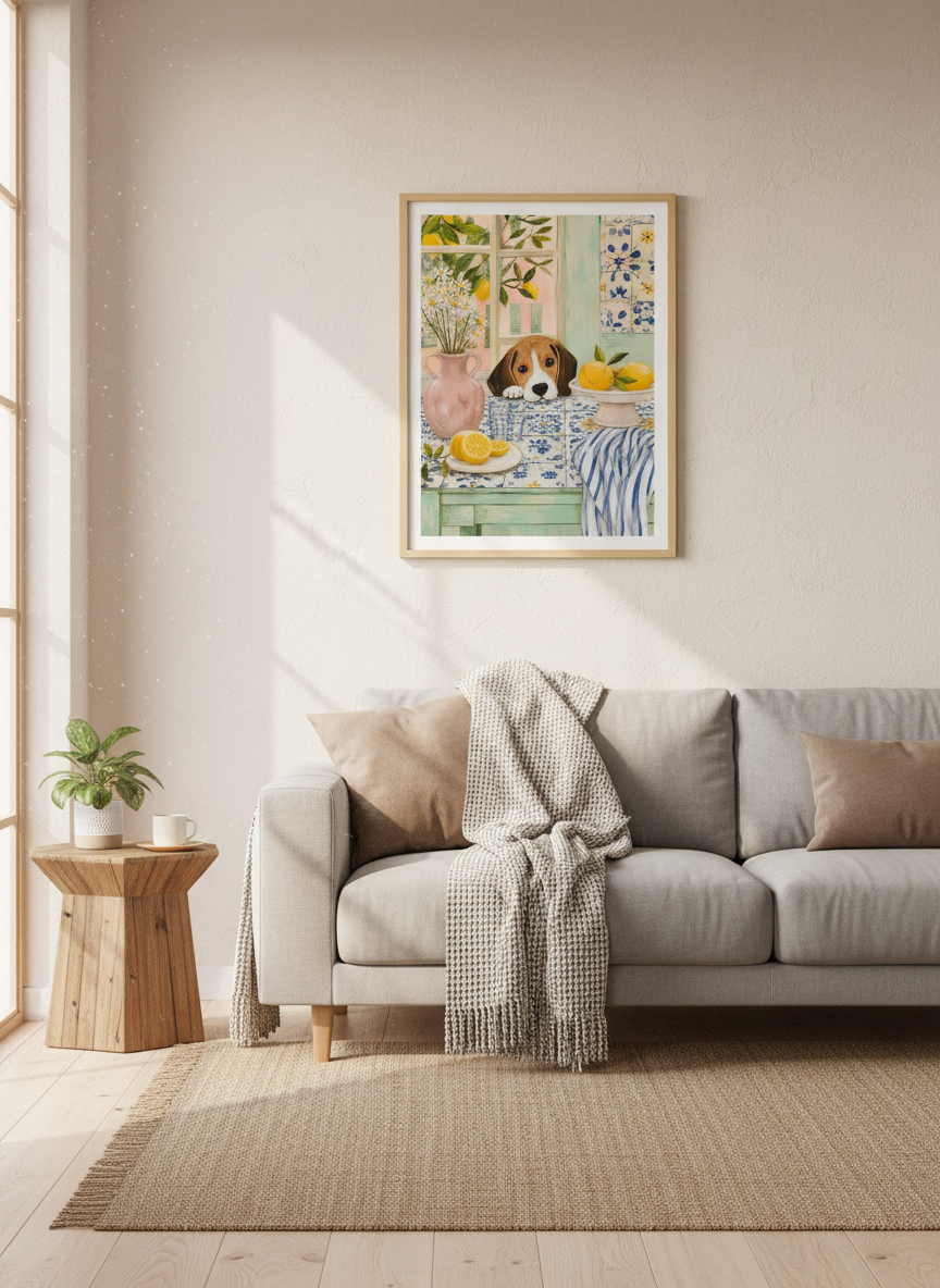 Beagle Lemon Kitchen Wall Art Print | Mediterranean Decor | Aesthetic Puppy Poster