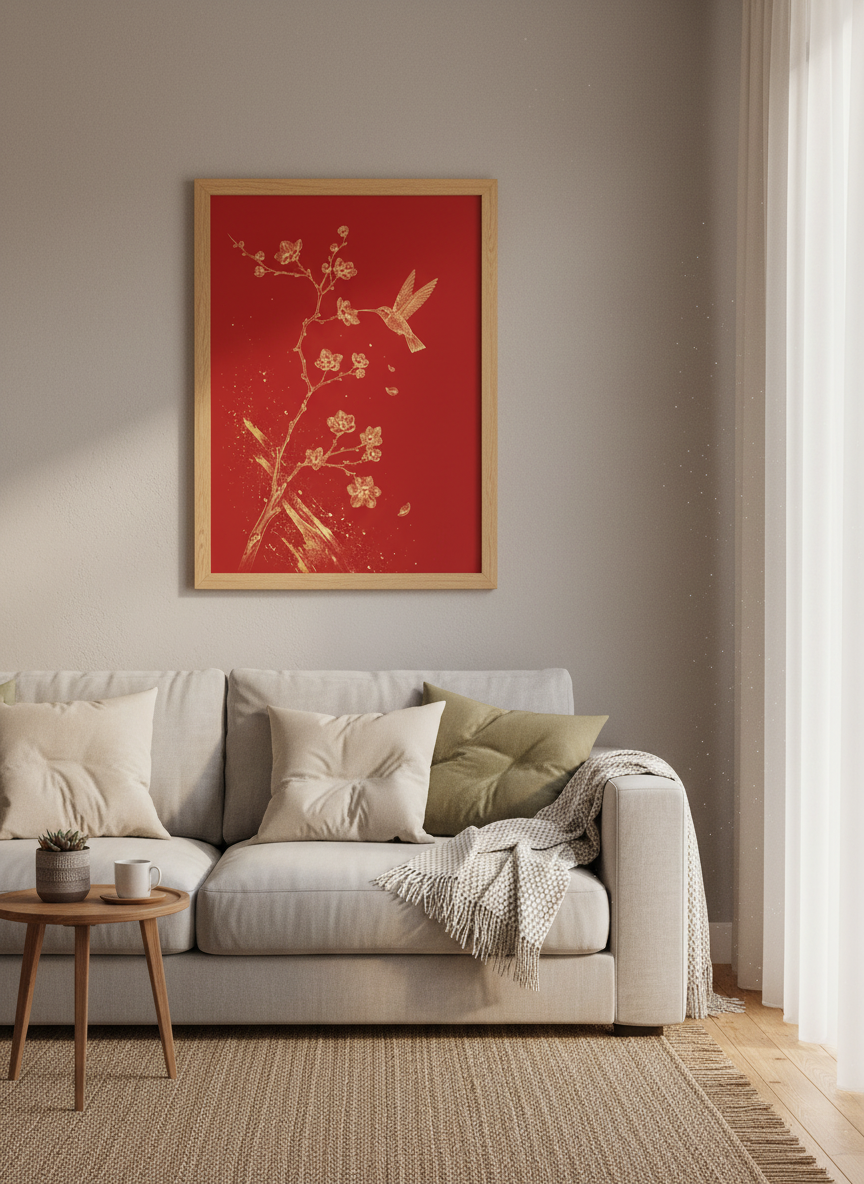 Gold Hummingbird &amp; Cherry Blossom Art | Red Floral Wall Decor | Chinoiserie Poster