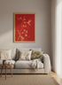Gold Hummingbird & Cherry Blossom Art | Red Floral Wall Decor | Chinoiserie Poster