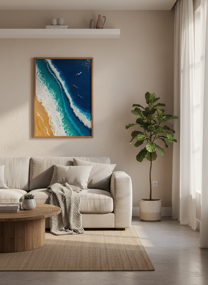 Aerial Surf Wall Art | Blue Ocean Coastal Decor | Modern Beach Poster