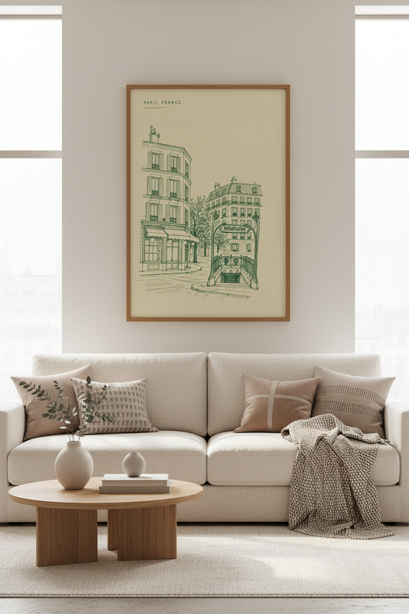 Paris Metro Sketch Wall Art | Vintage French Line Art Print, Living Room Decor