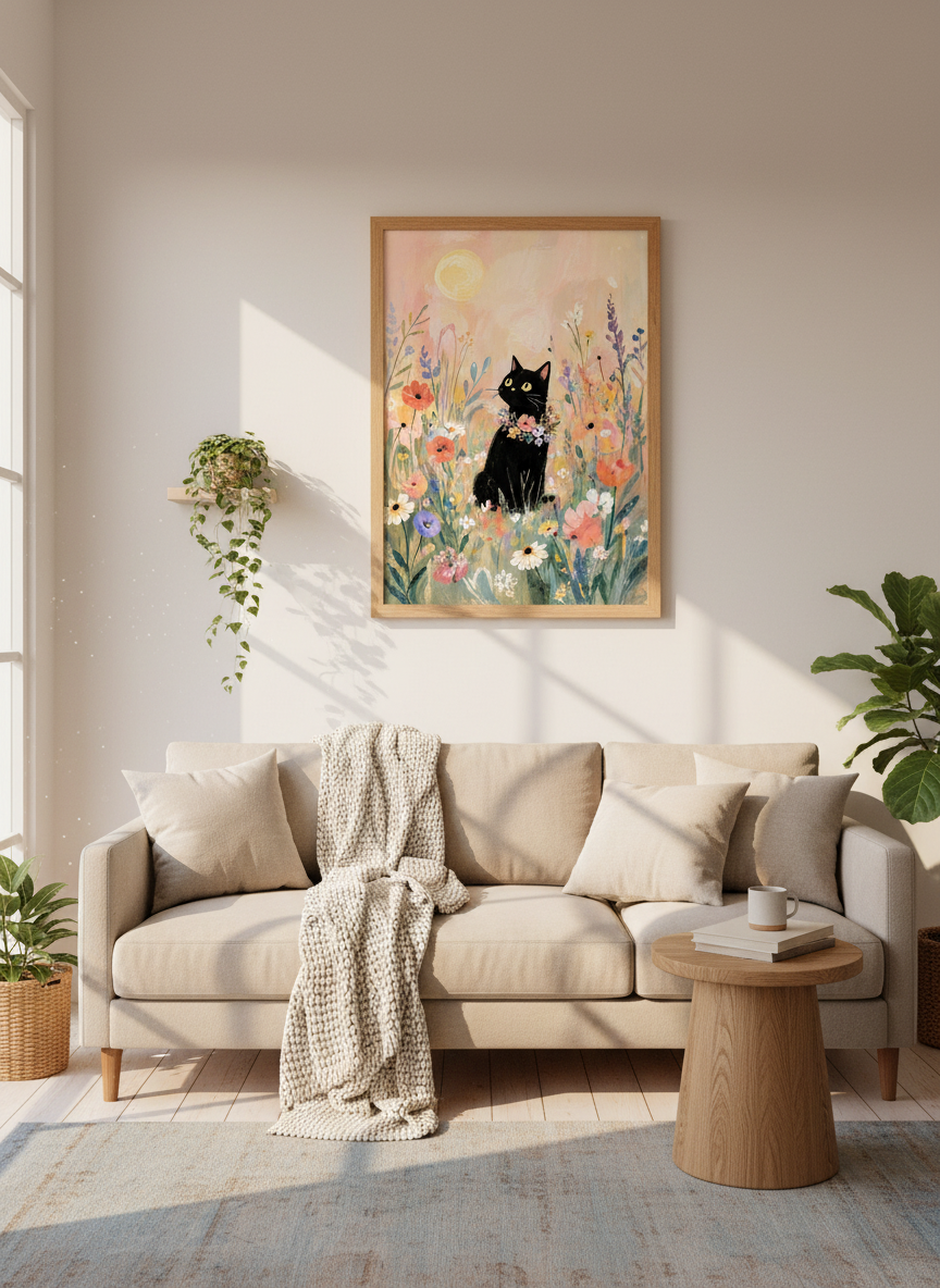 Black Cat in Flowers | Whimsical Pastel Impressionist Art, Nursery &amp; Living Room Decor