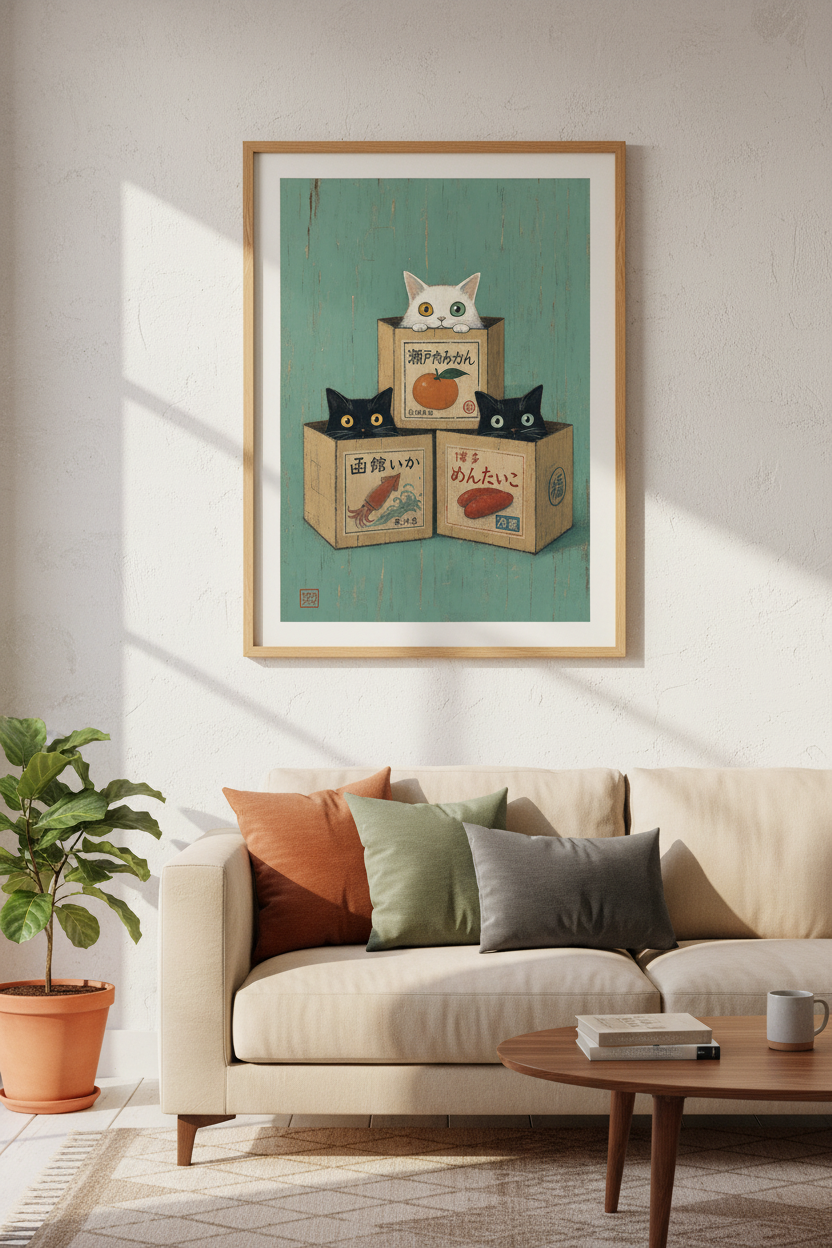 Japanese Cats in Boxes Art Print | Retro Kitchen Decor | Kawaii Aesthetic Poster