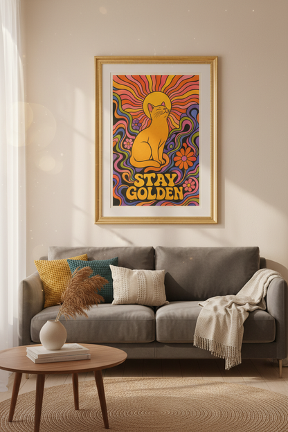 Retro Cat Poster | Psychedelic Sunburst Colors, Living Room Decor