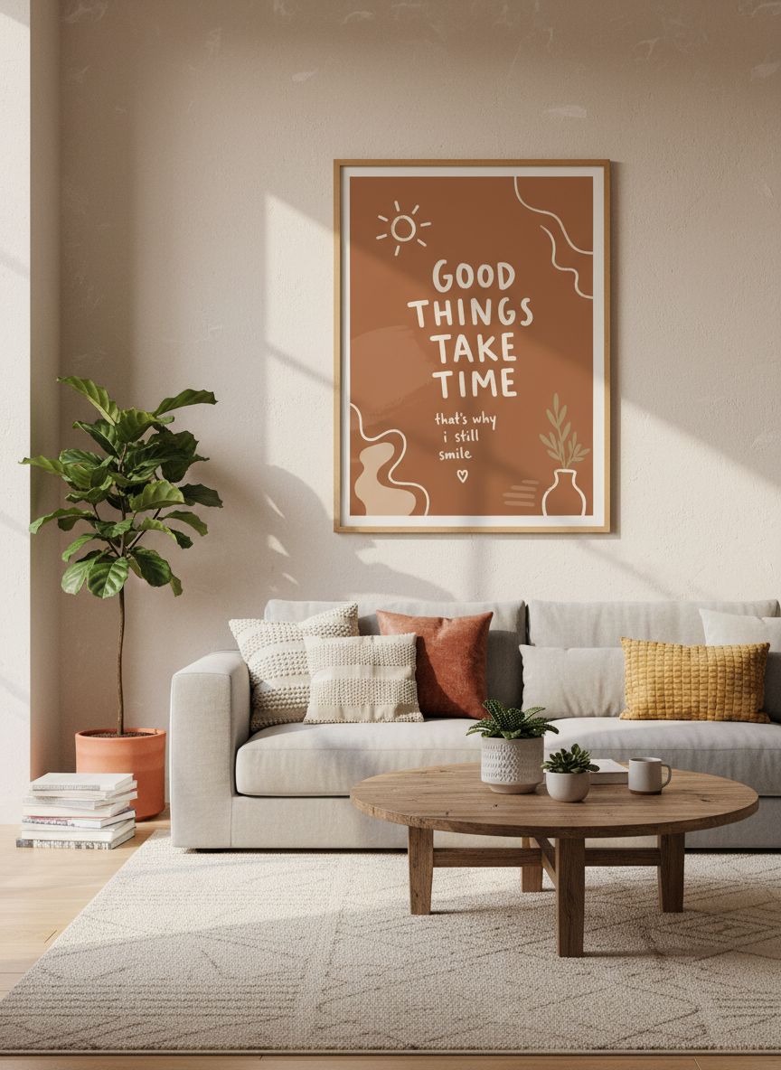 Good Things Take Time Wall Art | Boho Quote Print, Encouragement | Brown Aesthetic Decor