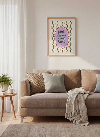 Good Dreams Sweet Heart Wall Art | Nursery Decor | Whimsical Quote Print