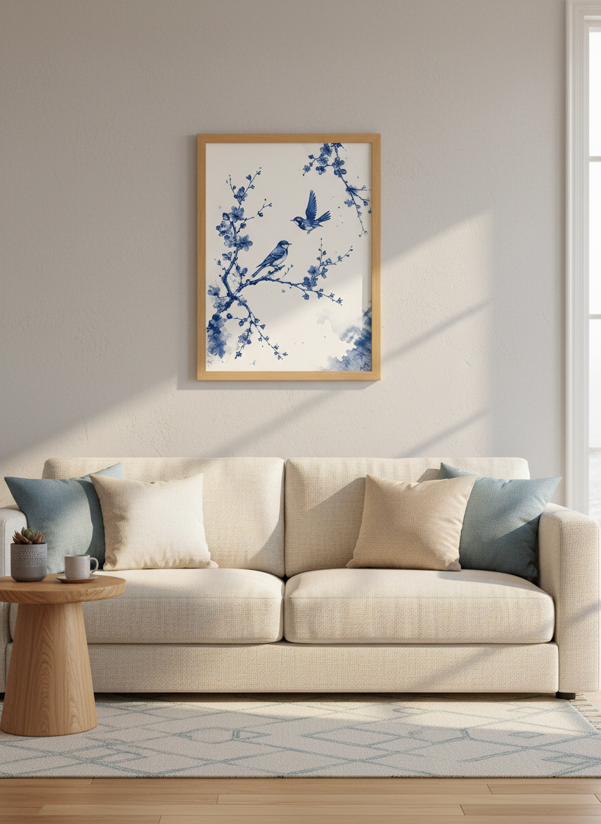 Blue Chinoiserie Bird Wall Art | Indigo Blossom Decor | Vintage Style Poster