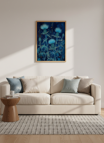 Blue Thistle Floral Wall Art | Navy &amp; Gold Botanical Poster, Moody Bedroom Decor