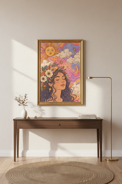 boho celestial print | Sun Moon Floral, Bedroom Decor