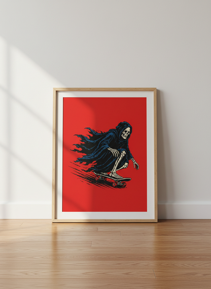 Grinning Skater Skeleton Art | Red Skateboard Grim Reaper Wall Decor | Dark Academia Goth