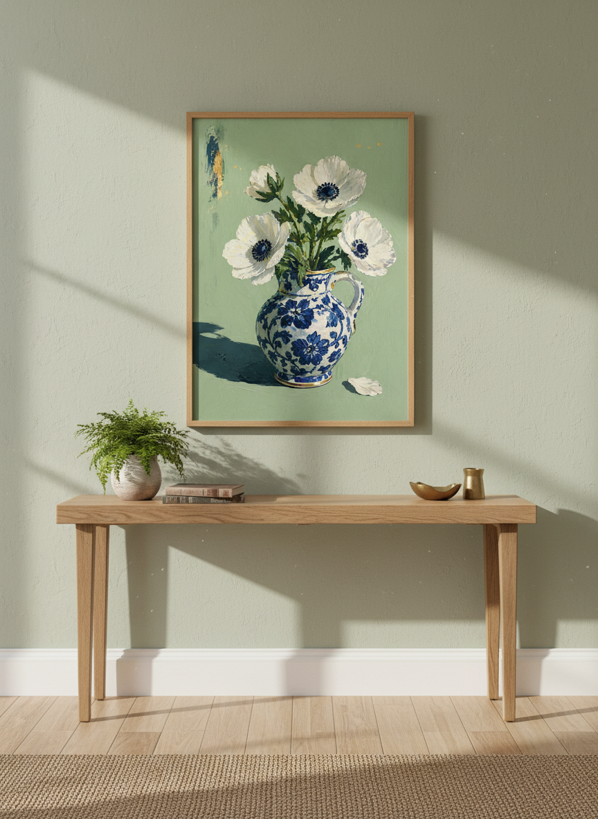White Anemone | Blue and White Chinoiserie Vase Art, Sage Green Office Decor