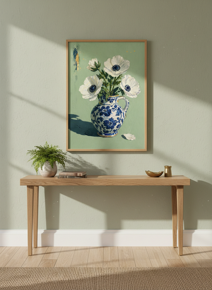 White Anemone | Blue and White Chinoiserie Vase Art, Sage Green Office Decor