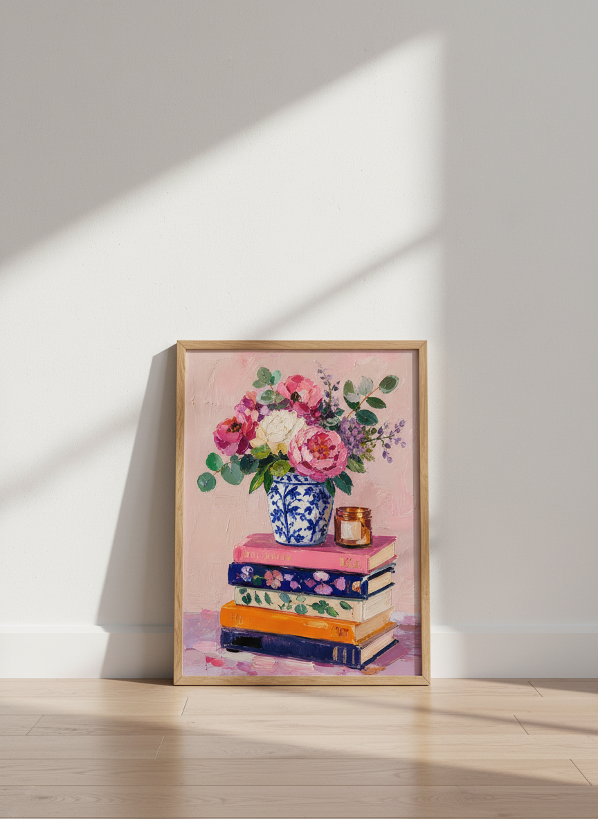 Peony Bouquet on Bookstack Wall Art | Pink Floral Print | Preppy Chinoiserie Decor