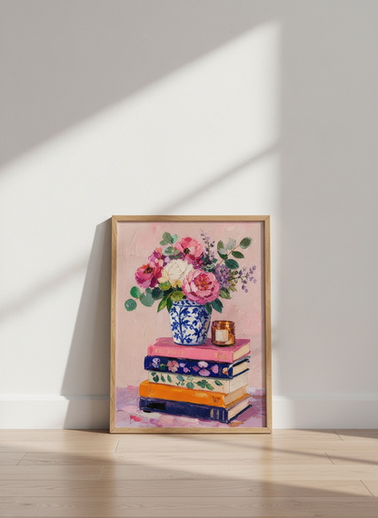 Peony Bouquet on Bookstack Wall Art | Pink Floral Print | Preppy Chinoiserie Decor
