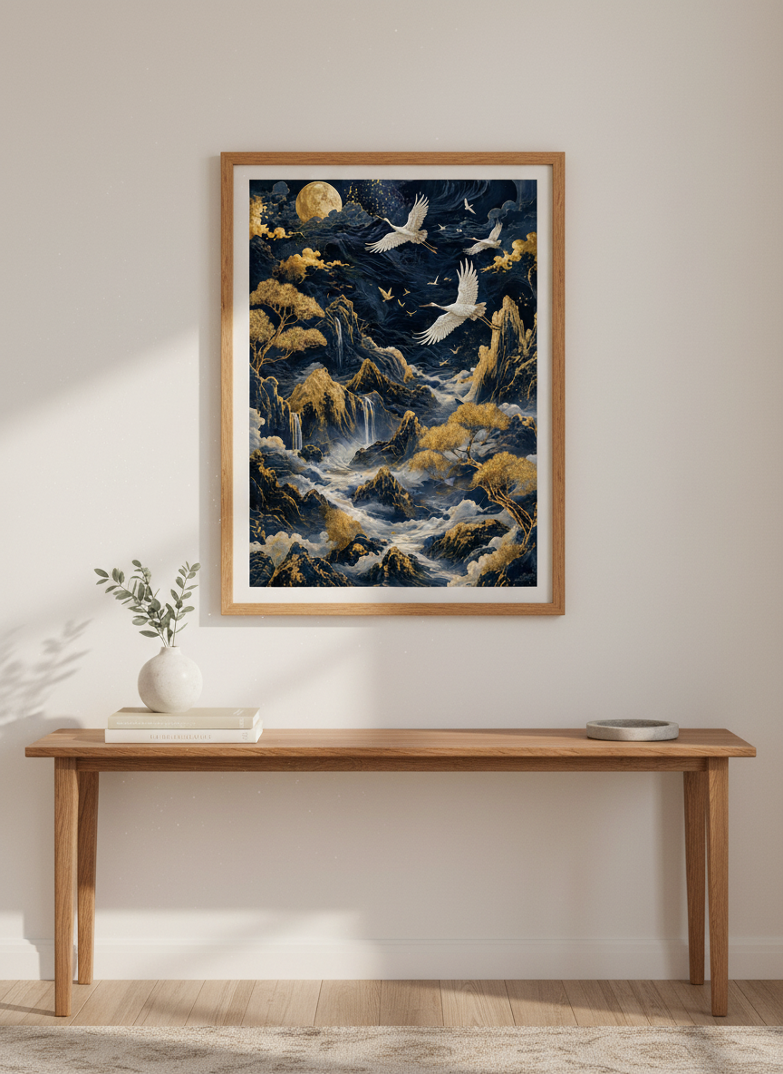 Japanese Crane Wall Art Print | Navy Gold Mountain Decor | Zen Landscape Poster