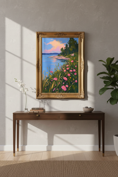 Seaside Floral Print | Impressionist Pink Blue, Living Room Decor