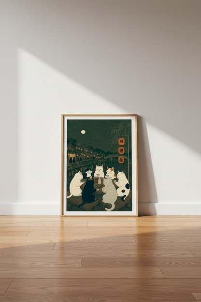 Japanese Cats Tea Party Art | Ukiyo-e Moonlit River Scene, Zen Living Room Decor