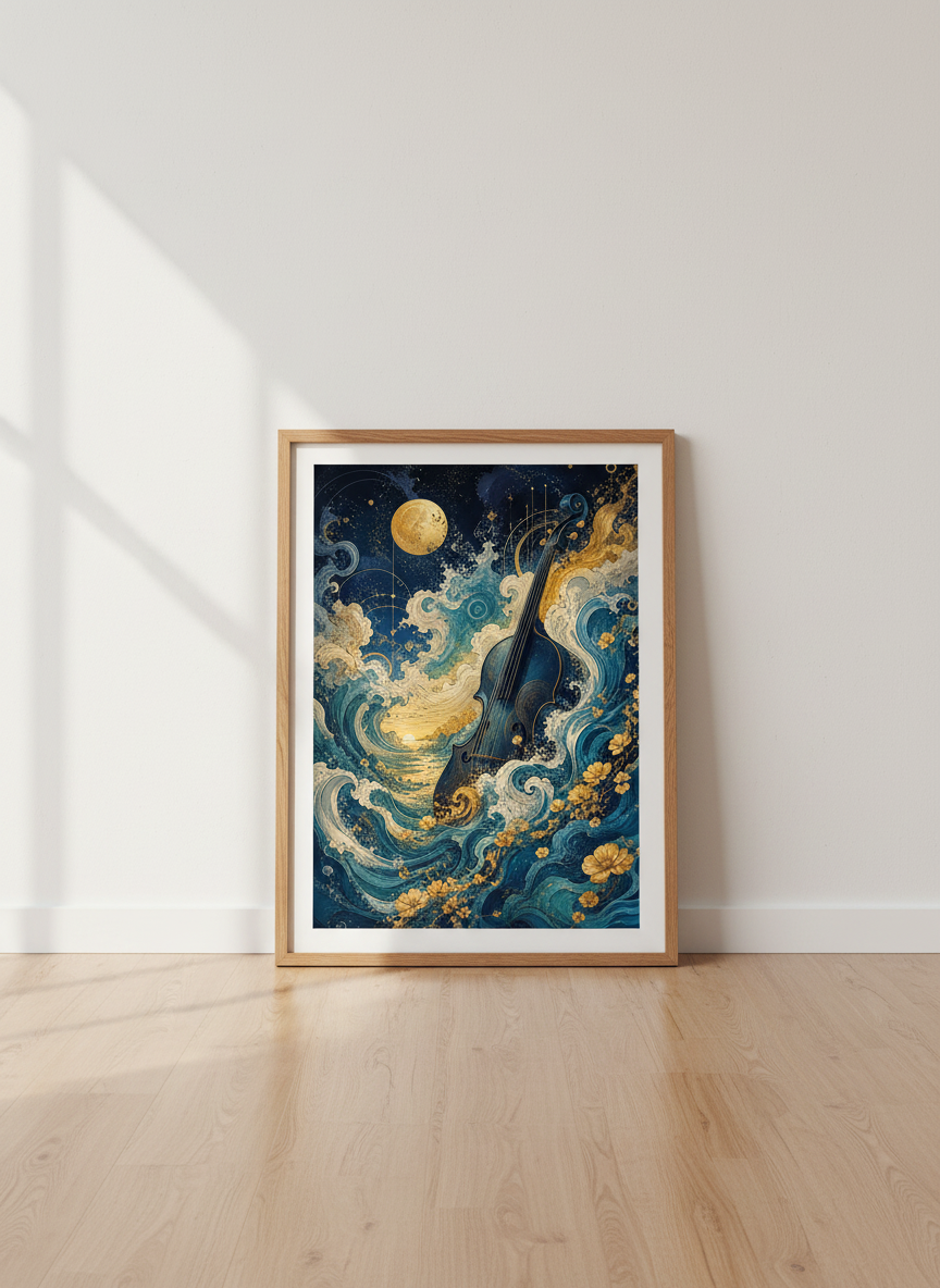 Surreal Violin Ocean Waves Wall Art | Gold &amp; Navy Celestial Music Decor | Fantasy Poster
