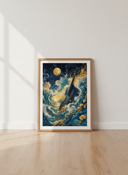 Surreal Violin Ocean Waves Wall Art | Gold &amp; Navy Celestial Music Decor | Fantasy Poster
