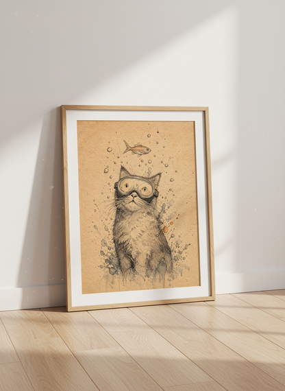 Scuba Diving Cat Wall Art | Whimsical Ink Sketch Decor | Funny Animal Poster