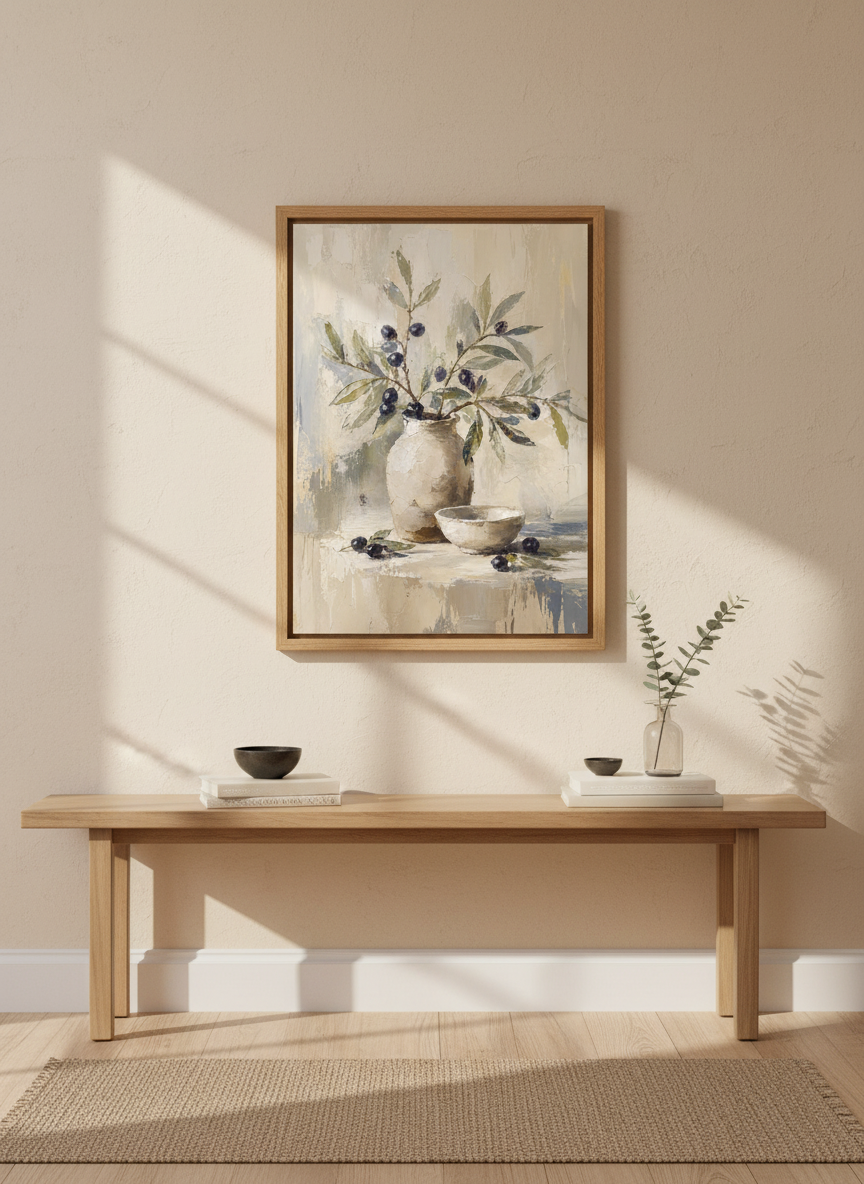 Olive Branch Vase Still Life | Rustic Neutral Oil Painting, Kitchen Farmhouse Wall Art