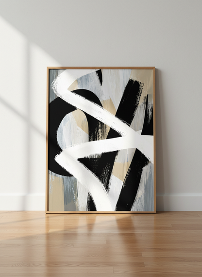 Abstract Brush Stroke Wall Art Print | Boho Living Room Decor | Modern Minimalist Poster | Black White Beige Abstract Art