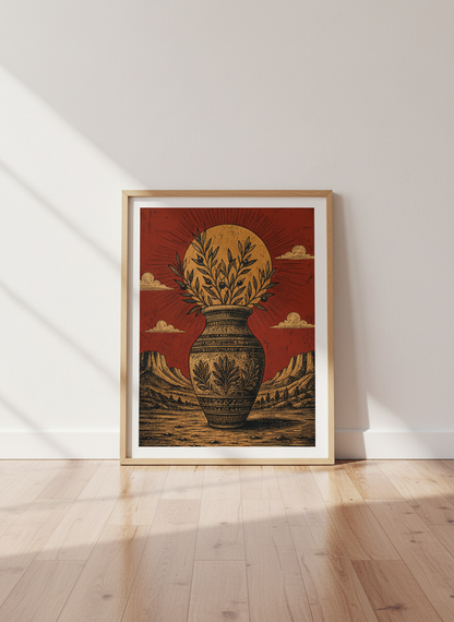 Rustic Olive Branch Vase Wall Art | Desert Sun Decor | Mediterranean Woodcut Poster