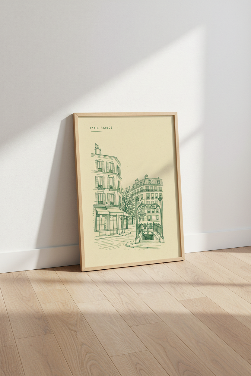 Paris Metro Sketch Wall Art | Vintage French Line Art Print, Living Room Decor